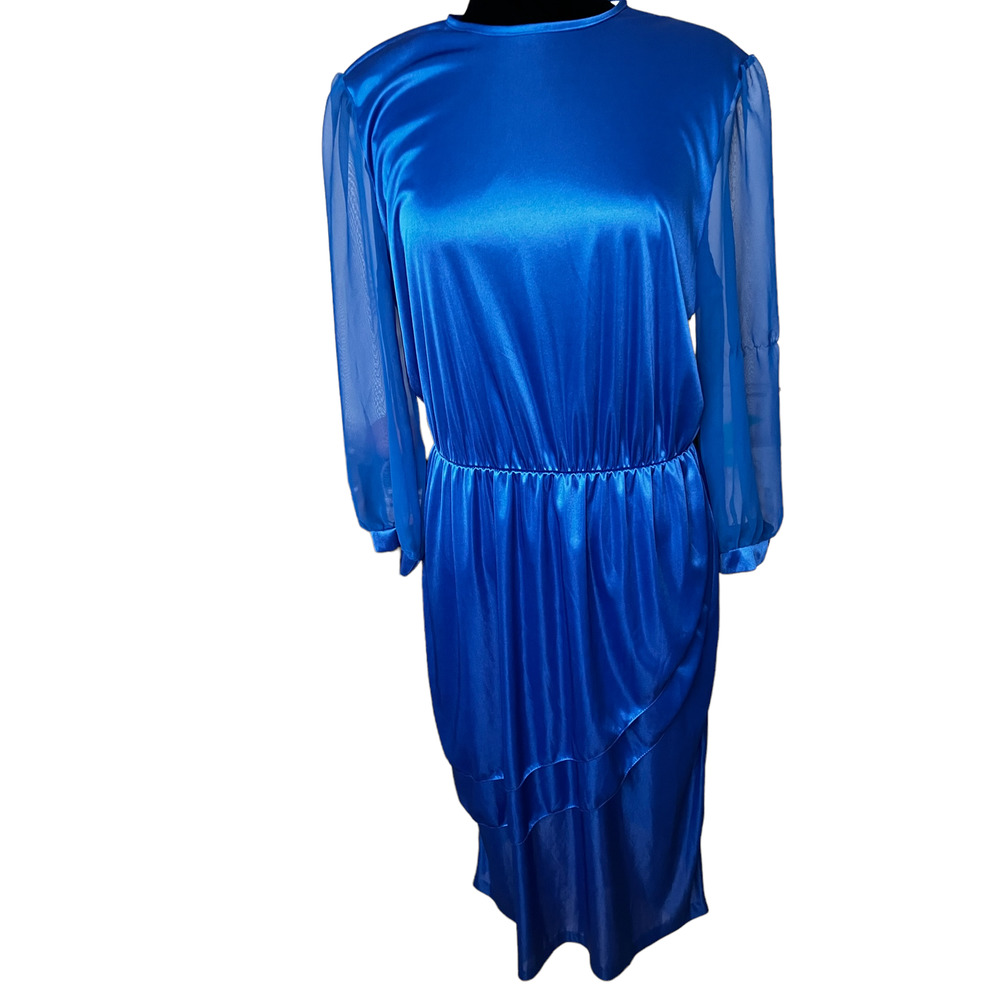 Vintage 70s Blair Royal Blue ILGWU Draped Wrap Midi Dress Medium Large Union